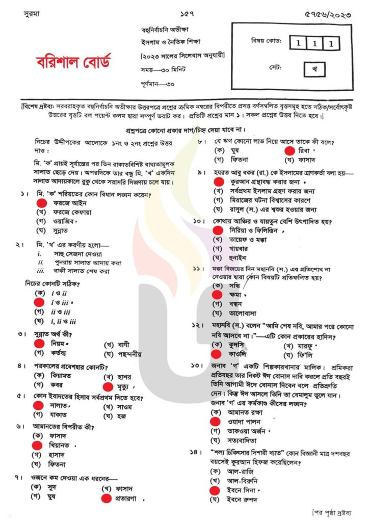 এসএসসি বরিশাল বোর্ড ইসলাম ও নৈতিক শিক্ষা বহুনির্বাচনি/MCQ সমাধান ২০২৩