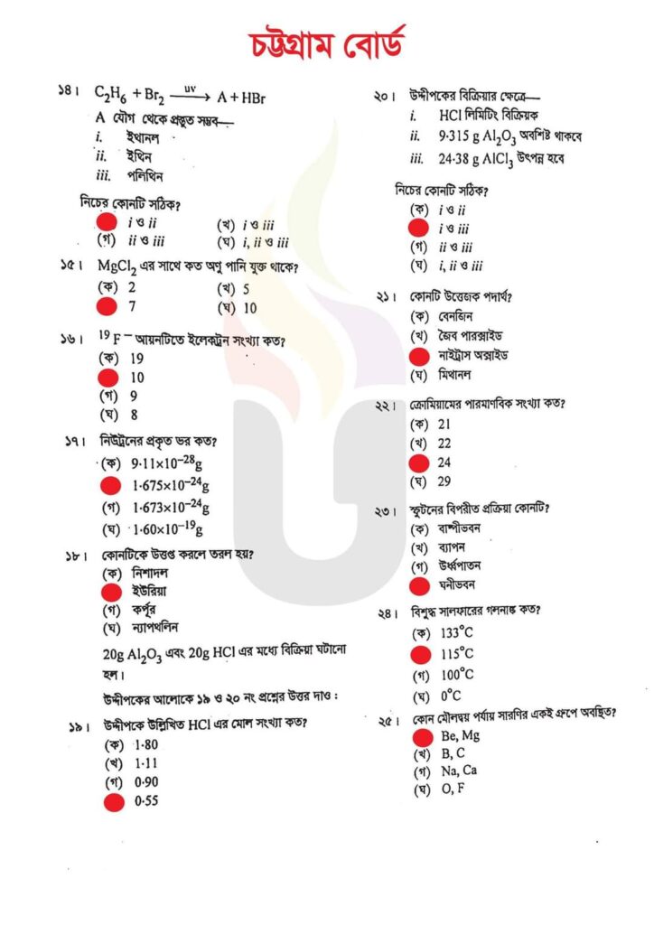 এসএসসি চট্রগ্রাম বোর্ড রসায়ন বহুনির্বাচনি/MCQ সমাধান ২০২৩