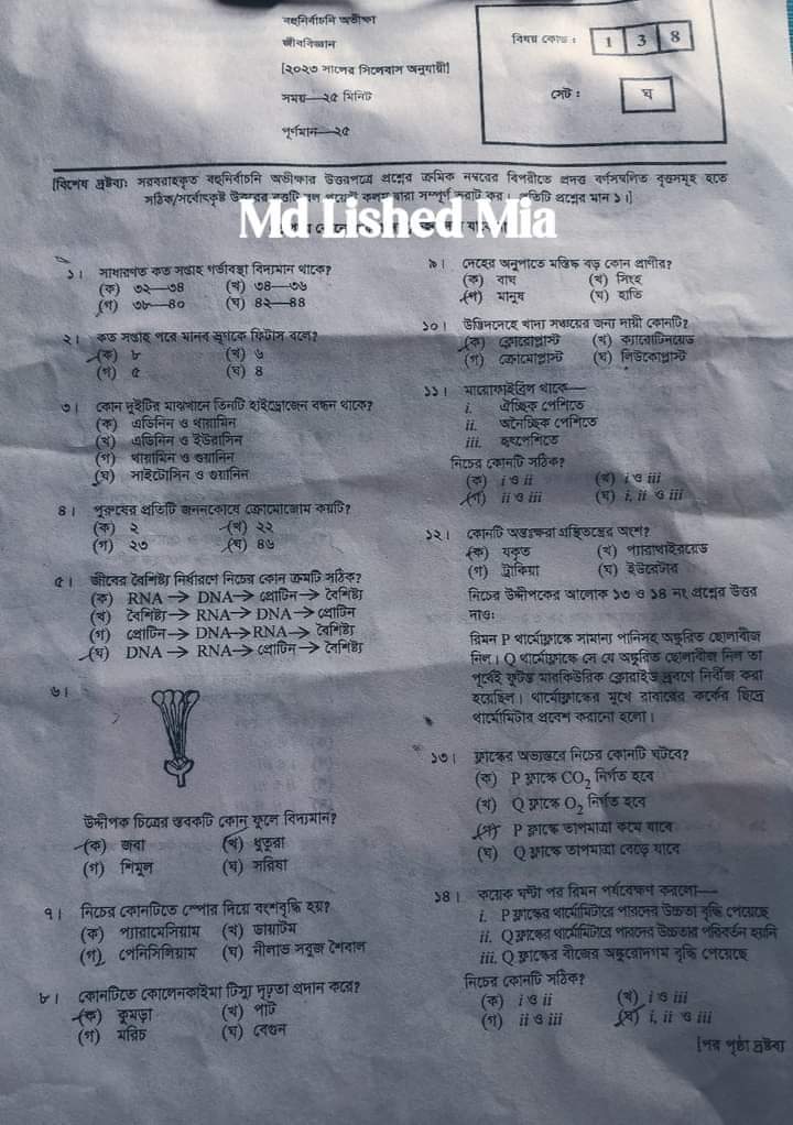 ময়মনসিংহ বোর্ড জীববিজ্ঞান MCQ সমাধান ২০২৩